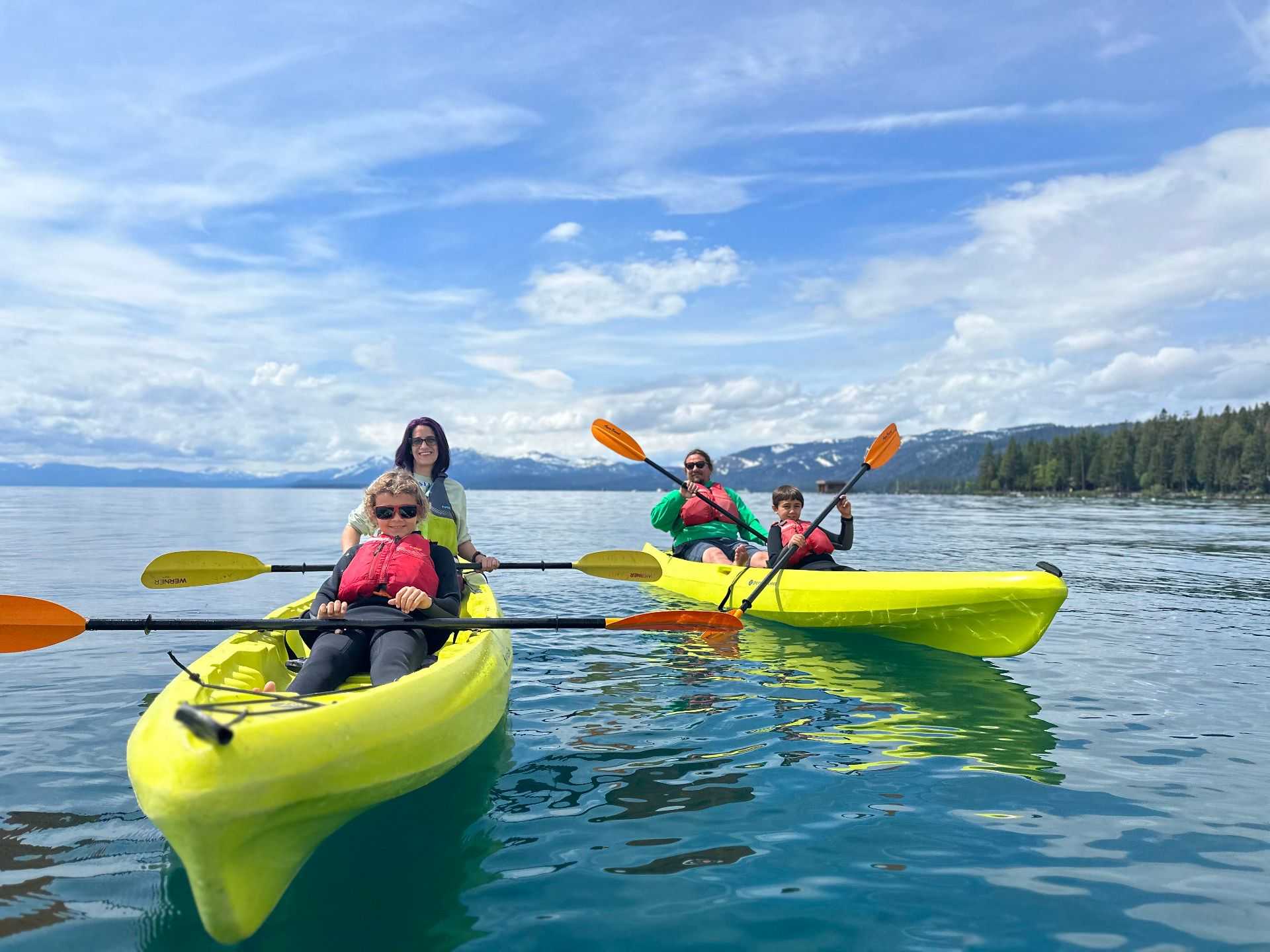 family kayaking on Lake Tahoe